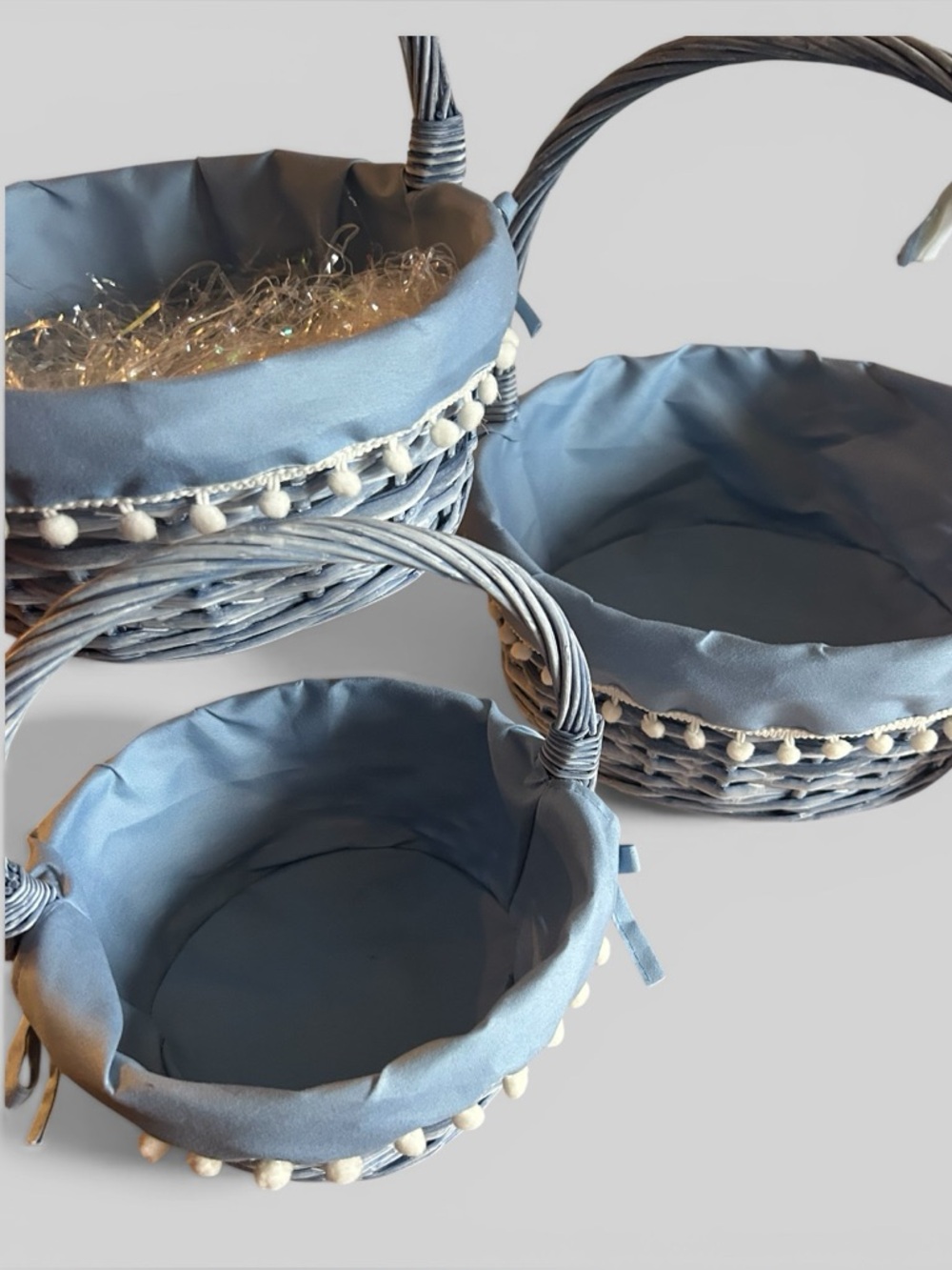 Set of 3 Light Blue Wicker Baskets with Pom-Pom Trim liners decorative storage